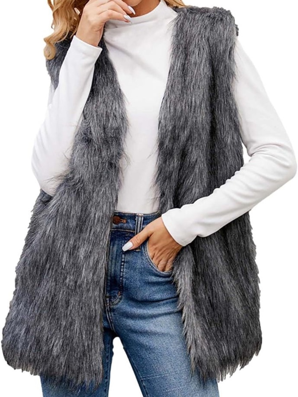 Faux Fur Open-Front Vest in Gray